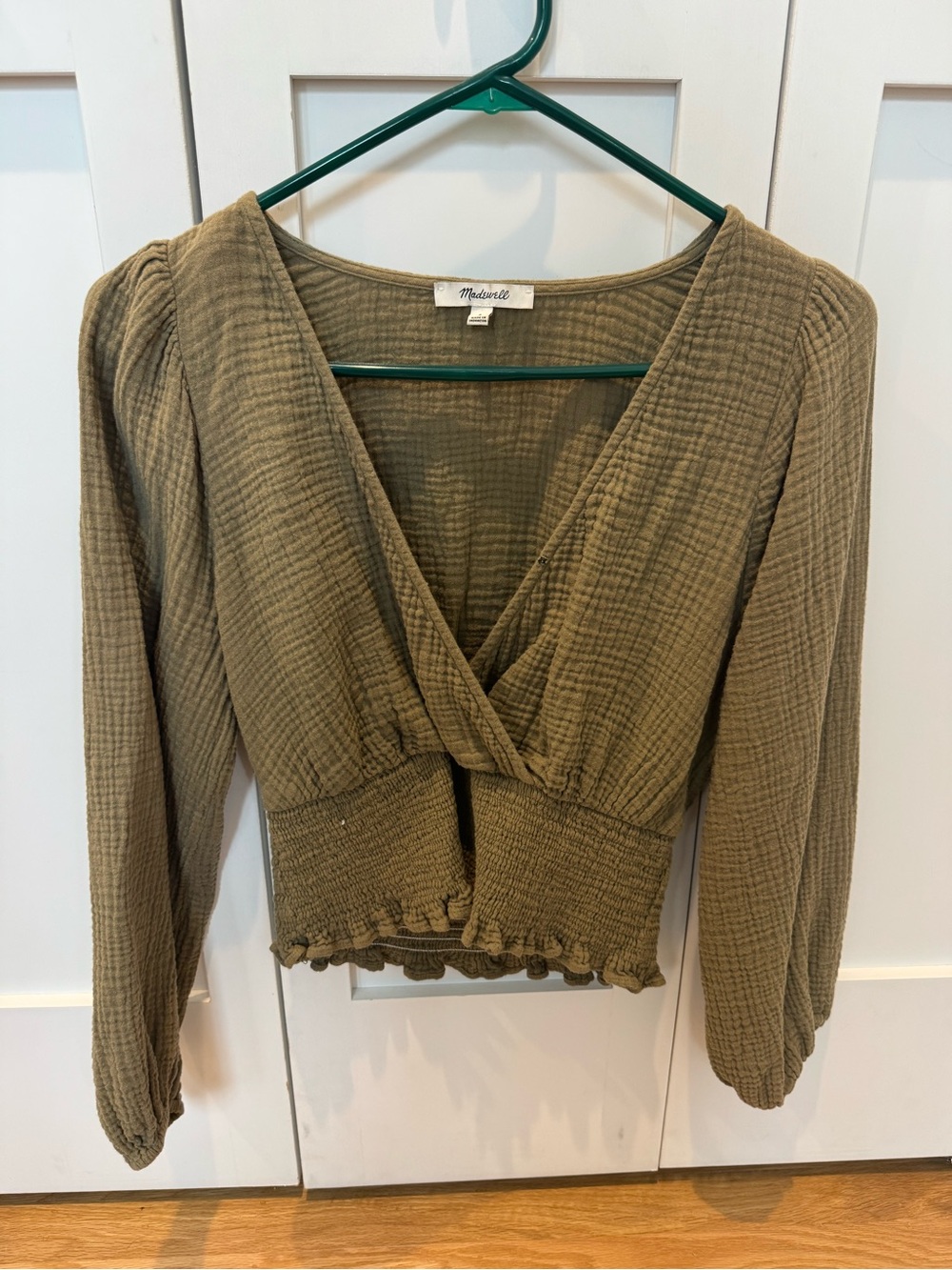 Madewell Olive Green Smocked Wrap-Front Crop Top